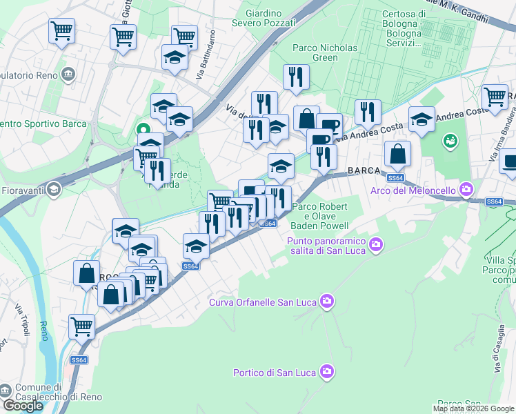 map of restaurants, bars, coffee shops, grocery stores, and more near 32 Via Claudio Treves in Bologna