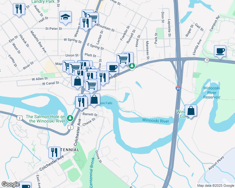 map of restaurants, bars, coffee shops, grocery stores, and more near 110 Winooski Falls Way in Winooski
