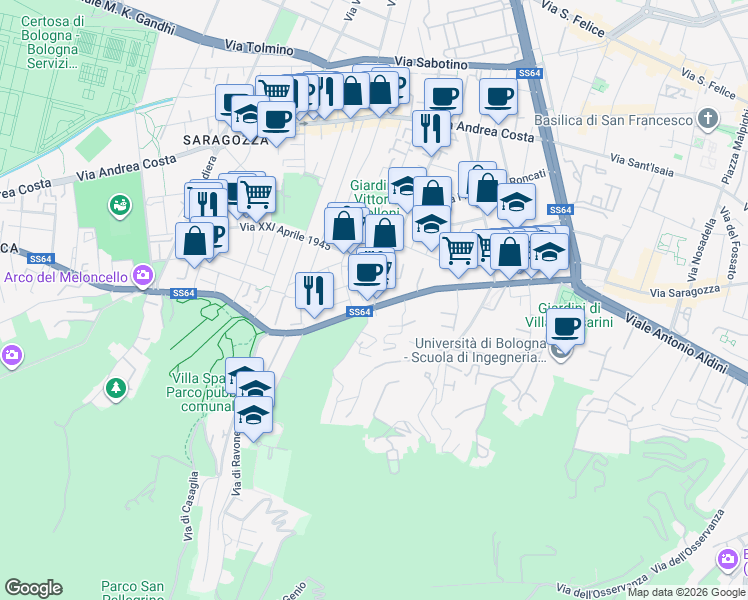 map of restaurants, bars, coffee shops, grocery stores, and more near 1-3 Via Francesco Orsoni in Bologna