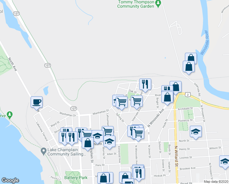 map of restaurants, bars, coffee shops, grocery stores, and more near 340 1/2 Manhattan Drive in Burlington