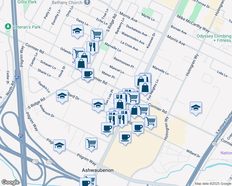map of restaurants, bars, coffee shops, grocery stores, and more near 2302 San Luis Place in Green Bay