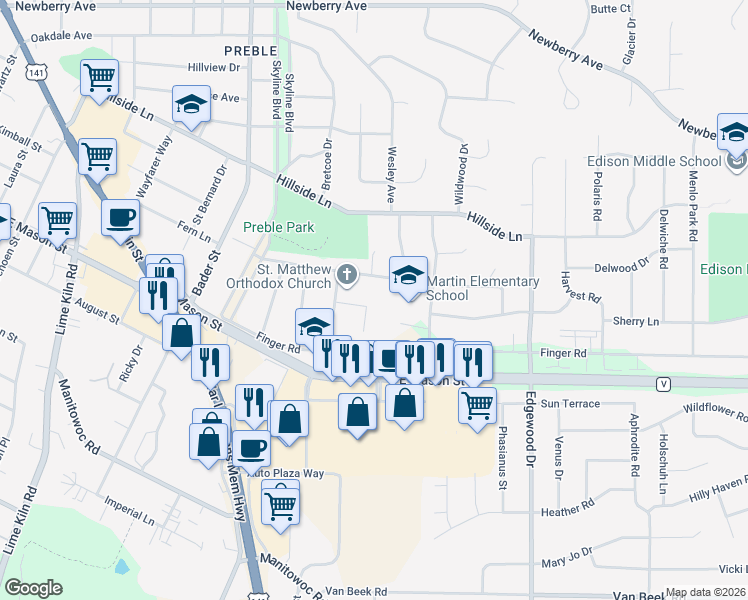 map of restaurants, bars, coffee shops, grocery stores, and more near 631 Calvin Court in Green Bay