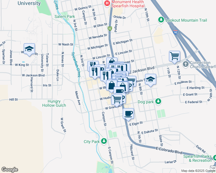 map of restaurants, bars, coffee shops, grocery stores, and more near 703 North 5th Street in Spearfish