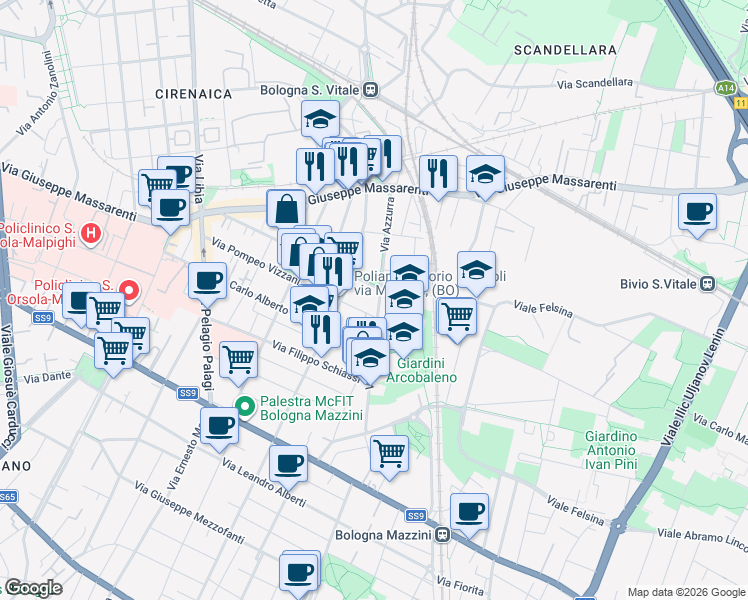 map of restaurants, bars, coffee shops, grocery stores, and more near 31 Via Azzurra in Bologna