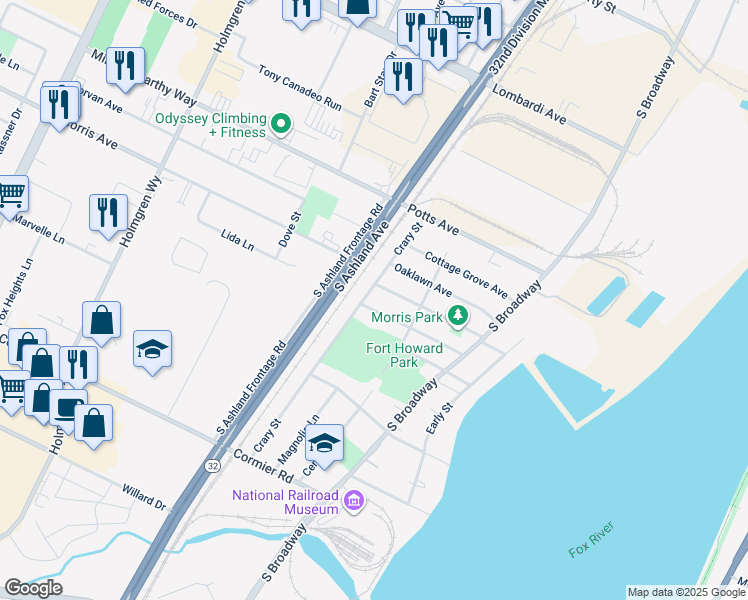 map of restaurants, bars, coffee shops, grocery stores, and more near 2127 Crary Street in Ashwaubenon