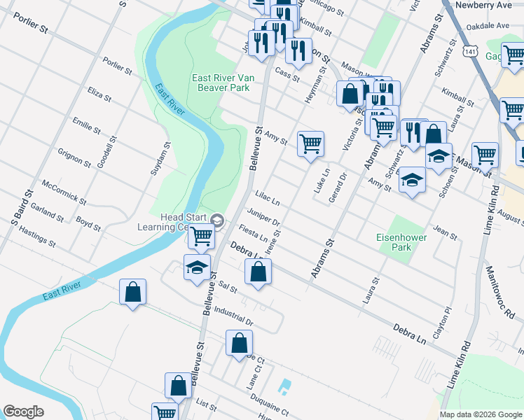 map of restaurants, bars, coffee shops, grocery stores, and more near 1646 Lilac Lane in Green Bay