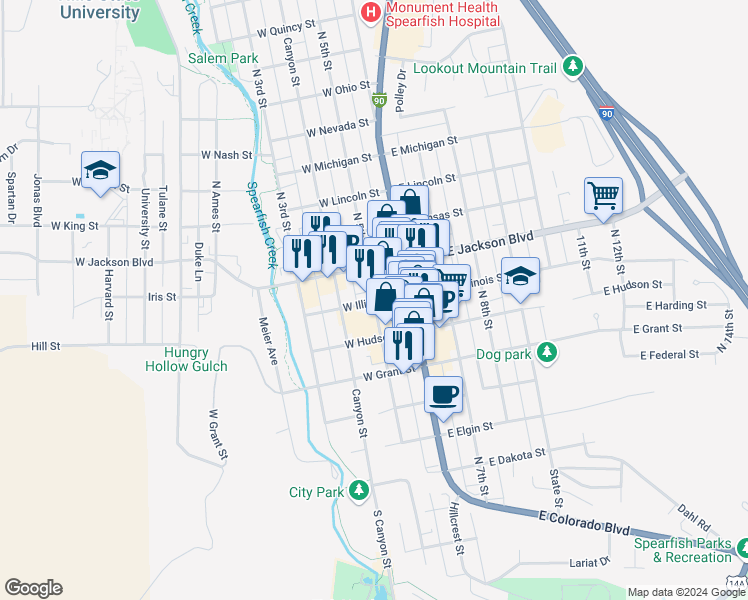 map of restaurants, bars, coffee shops, grocery stores, and more near 146 West Illinois Street in Spearfish