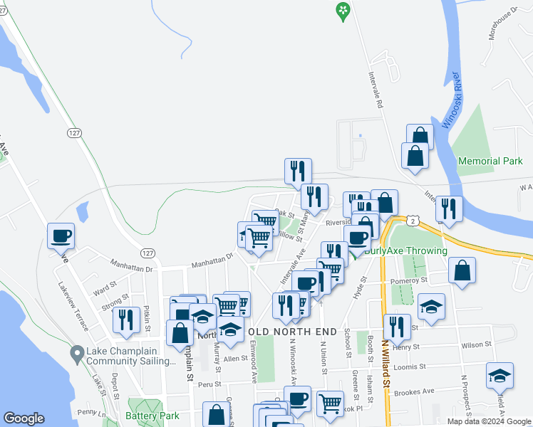 map of restaurants, bars, coffee shops, grocery stores, and more near 15 Oak Street in Burlington