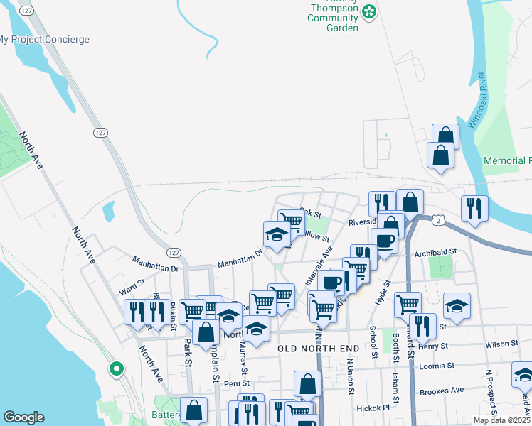 map of restaurants, bars, coffee shops, grocery stores, and more near 340 1/2 Manhattan Drive in Burlington