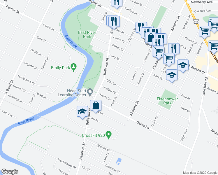 map of restaurants, bars, coffee shops, grocery stores, and more near 1646 Lilac Lane in Green Bay