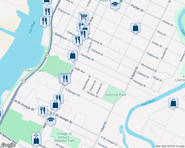 map of restaurants, bars, coffee shops, grocery stores, and more near 221 Kalb Avenue in Allouez