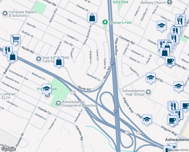 map of restaurants, bars, coffee shops, grocery stores, and more near 1242 Gerhardt Lane in Green Bay