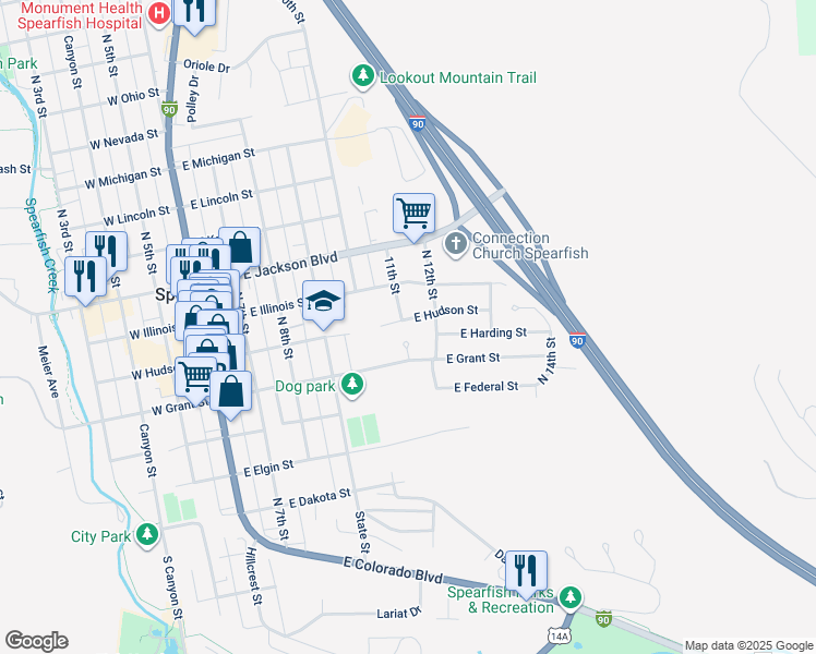 map of restaurants, bars, coffee shops, grocery stores, and more near 603 East Hudson Street in Spearfish