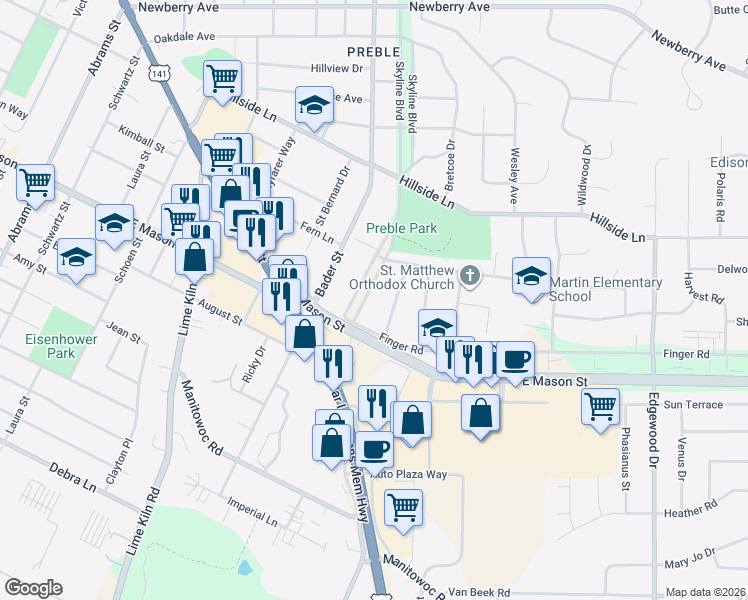 map of restaurants, bars, coffee shops, grocery stores, and more near 609 Skyline Boulevard in Green Bay