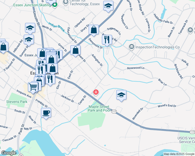 map of restaurants, bars, coffee shops, grocery stores, and more near 45 Pleasant Street in Essex Junction