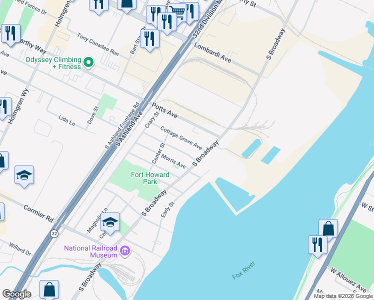 map of restaurants, bars, coffee shops, grocery stores, and more near 454 Oaklawn Ave in Green Bay