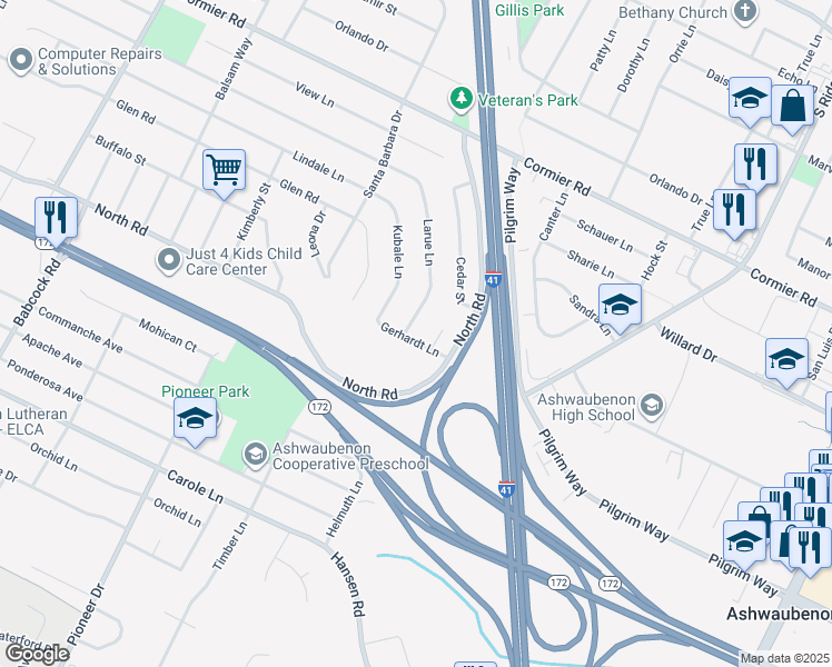 map of restaurants, bars, coffee shops, grocery stores, and more near 1242 Gerhardt Lane in Green Bay