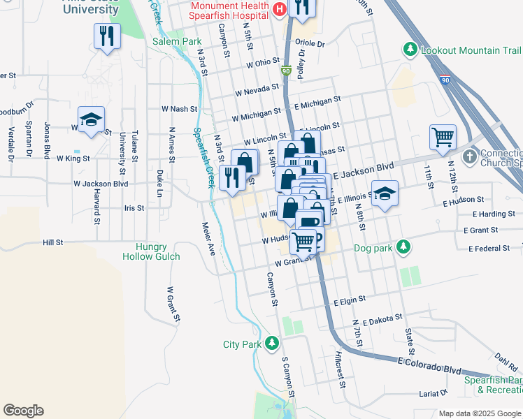 map of restaurants, bars, coffee shops, grocery stores, and more near 712 Canyon Street in Spearfish