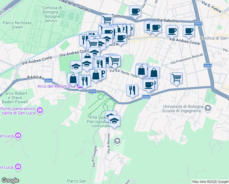 map of restaurants, bars, coffee shops, grocery stores, and more near 2 Via Eugenio Curiel in Bologna
