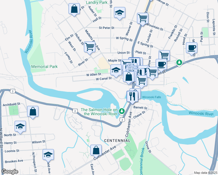 map of restaurants, bars, coffee shops, grocery stores, and more near 100 West Canal Street in Winooski