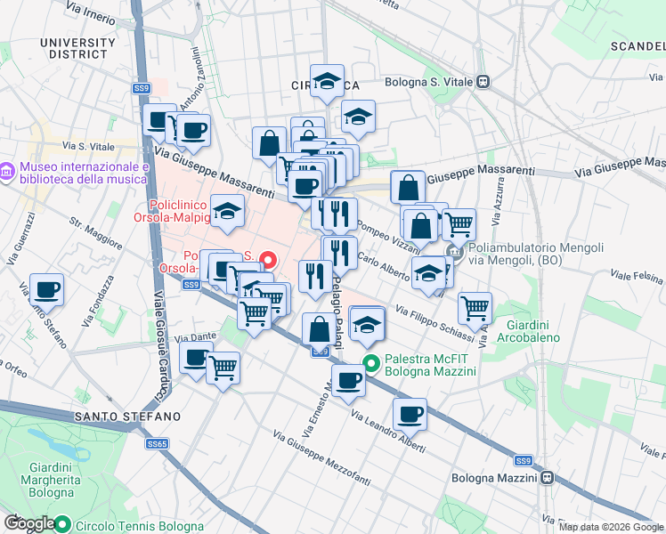 map of restaurants, bars, coffee shops, grocery stores, and more near 16 Via Pelagio Palagi in Bologna
