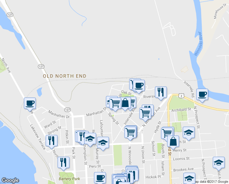 map of restaurants, bars, coffee shops, grocery stores, and more near 15 Oak Street in Burlington