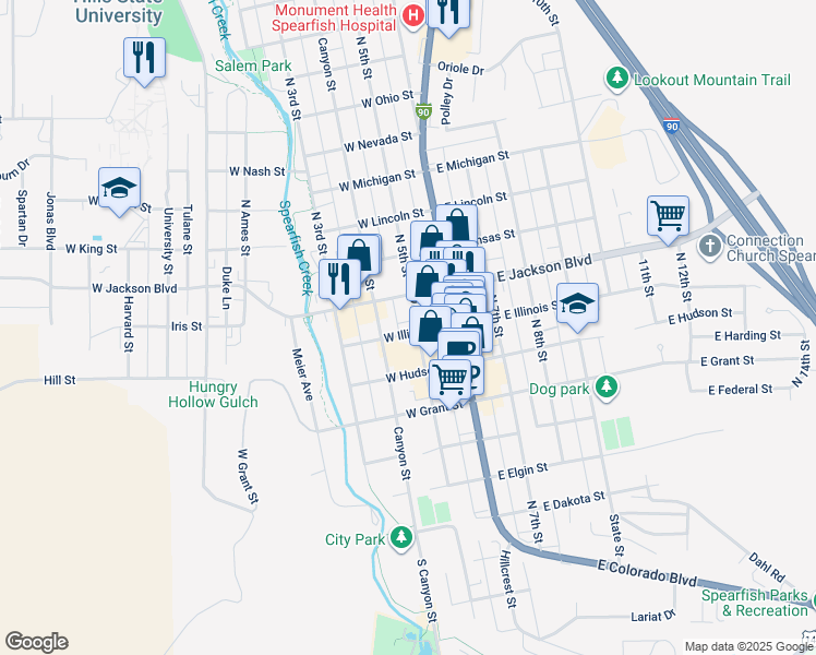 map of restaurants, bars, coffee shops, grocery stores, and more near 703 North 5th Street in Spearfish