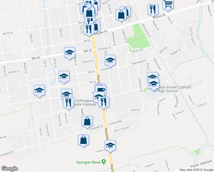 map of restaurants, bars, coffee shops, grocery stores, and more near 11 Victory Drive in Collingwood