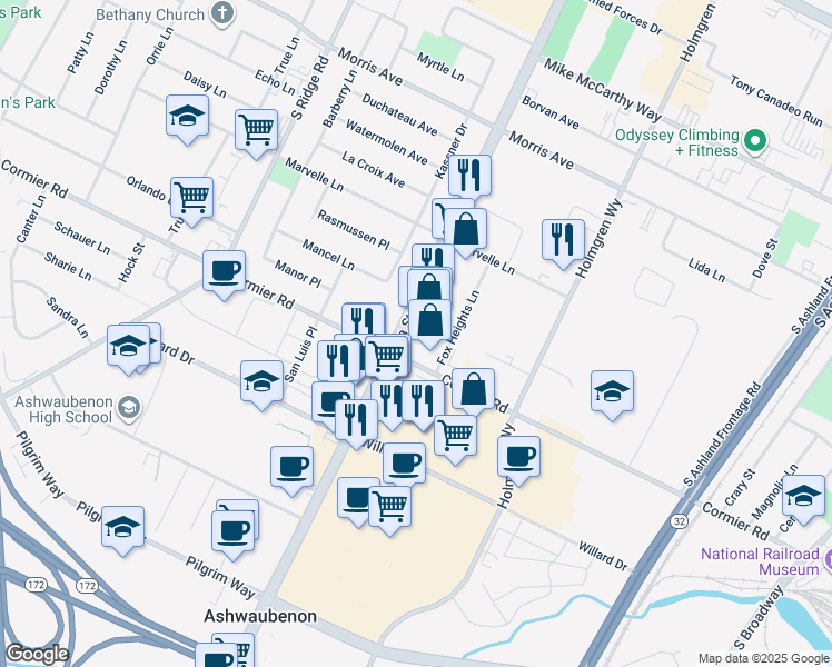 map of restaurants, bars, coffee shops, grocery stores, and more near 2279 South Oneida Street in Green Bay