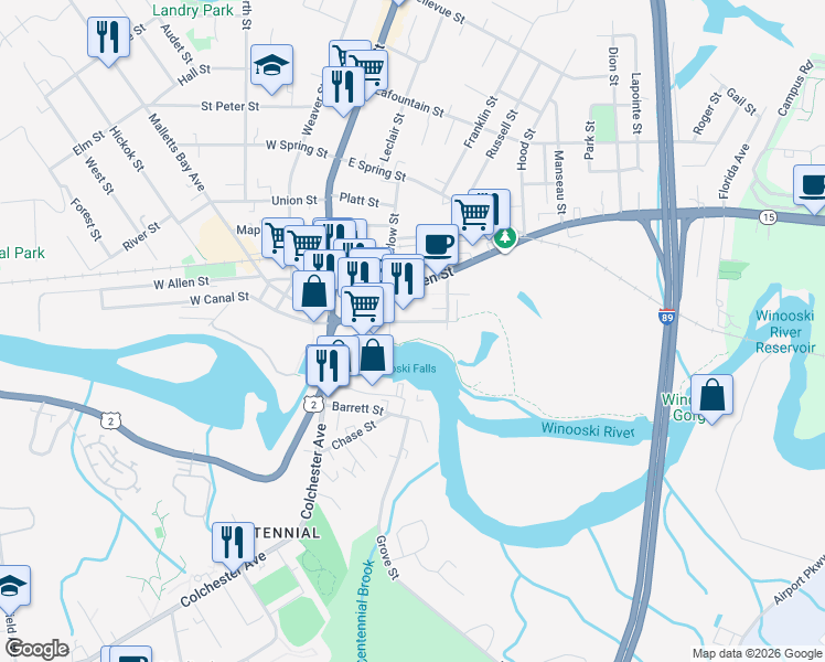 map of restaurants, bars, coffee shops, grocery stores, and more near 60 Winooski Falls Way in Winooski