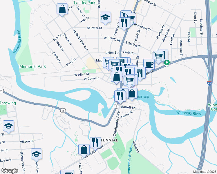 map of restaurants, bars, coffee shops, grocery stores, and more near 20 West Canal Street in Winooski