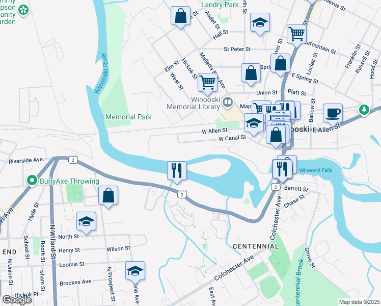 map of restaurants, bars, coffee shops, grocery stores, and more near 206 West Canal Street in Winooski