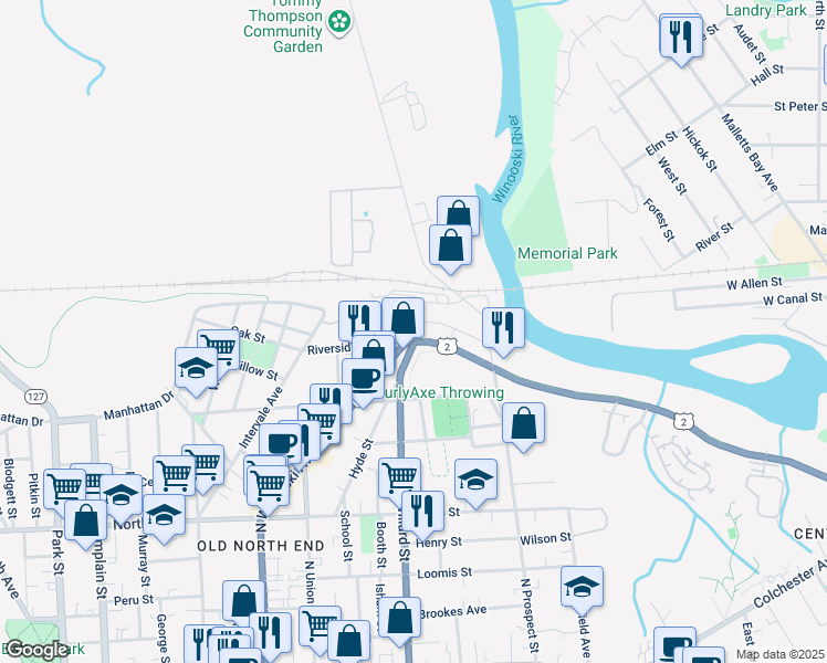 map of restaurants, bars, coffee shops, grocery stores, and more near 617 Riverside Avenue in Burlington