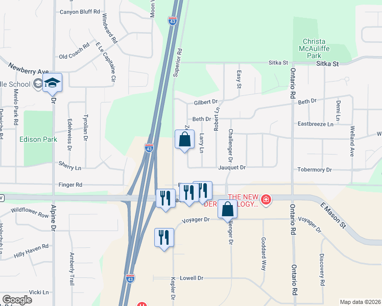 map of restaurants, bars, coffee shops, grocery stores, and more near 562 Larry Lane in Green Bay