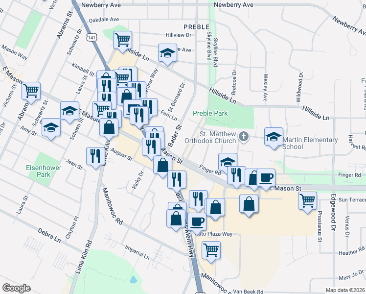 map of restaurants, bars, coffee shops, grocery stores, and more near 629 Bader Street in Green Bay