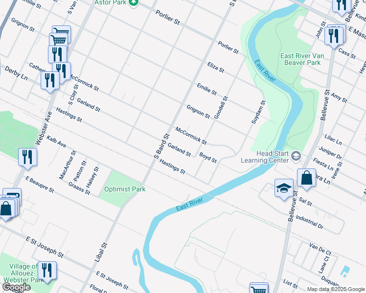 map of restaurants, bars, coffee shops, grocery stores, and more near 1441 Garland Street in Green Bay