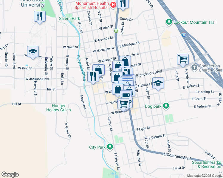 map of restaurants, bars, coffee shops, grocery stores, and more near 712 Canyon Street in Spearfish
