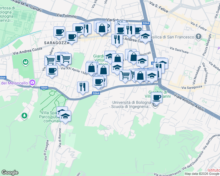 map of restaurants, bars, coffee shops, grocery stores, and more near 133-139 Via Filippo Turati in Bologna