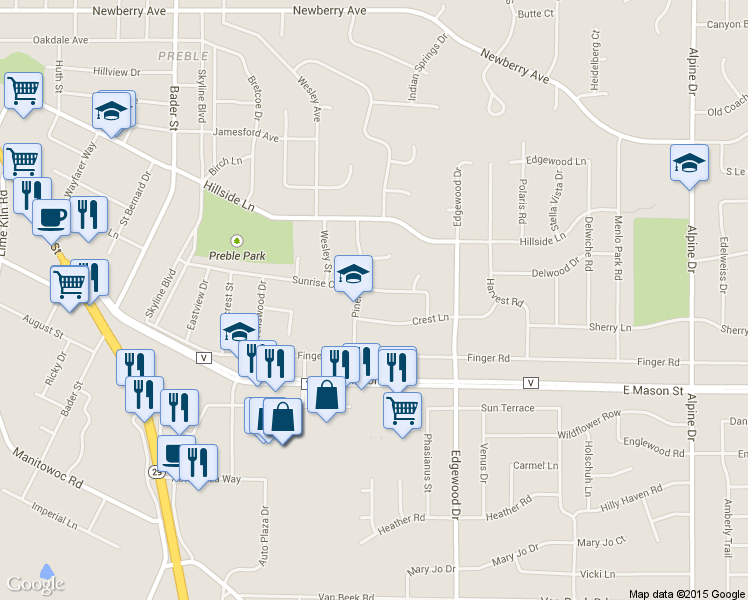 map of restaurants, bars, coffee shops, grocery stores, and more near 2414 Sunrise Ct in Green Bay