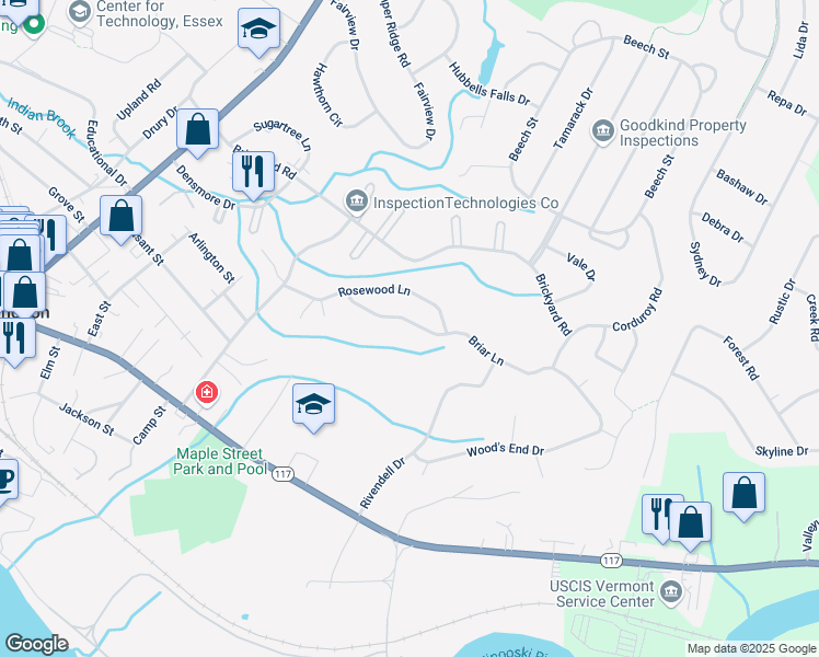 map of restaurants, bars, coffee shops, grocery stores, and more near 18 Briar Lane in Essex Junction