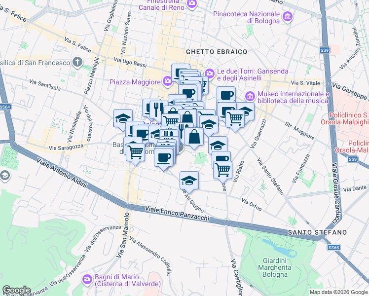 map of restaurants, bars, coffee shops, grocery stores, and more near 3 Piazza San Domenico in Bologna