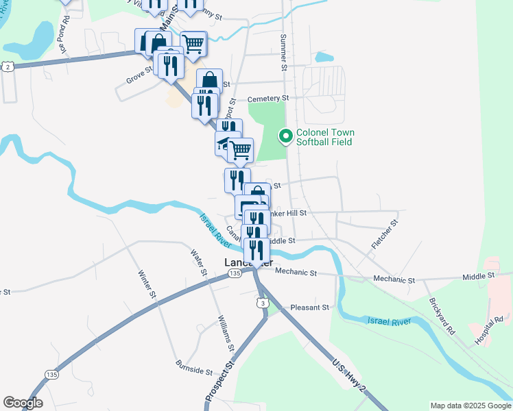 map of restaurants, bars, coffee shops, grocery stores, and more near 109 Main Street in Lancaster
