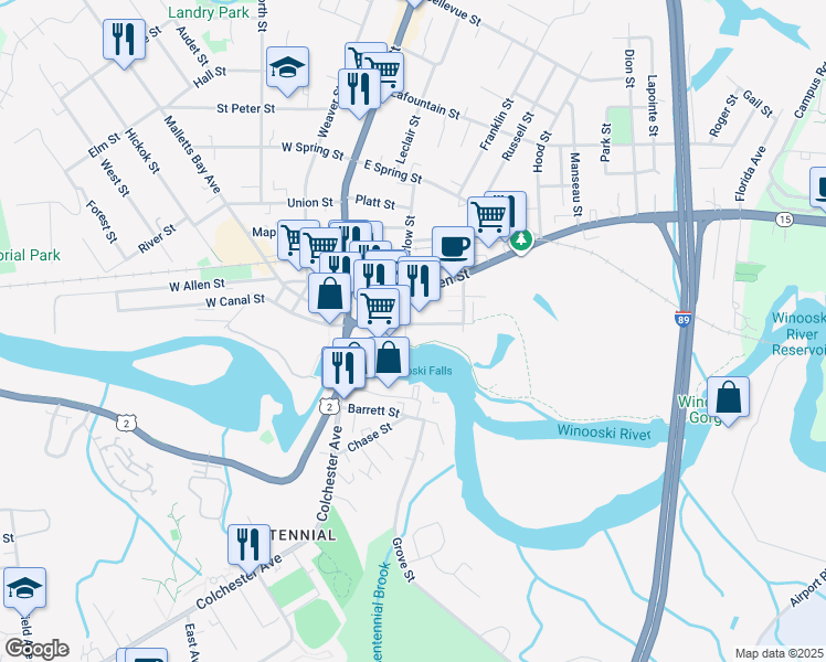 map of restaurants, bars, coffee shops, grocery stores, and more near 60 Winooski Falls Way in Winooski