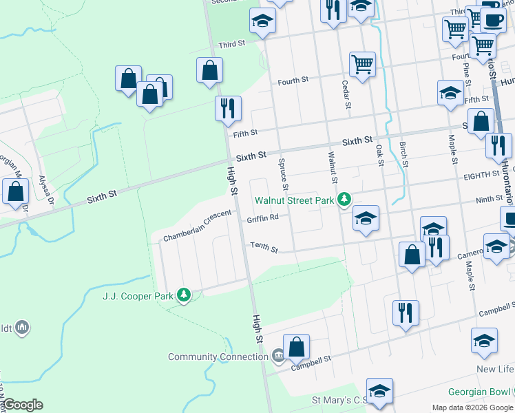 map of restaurants, bars, coffee shops, grocery stores, and more near 55 Courtice Crescent in Collingwood