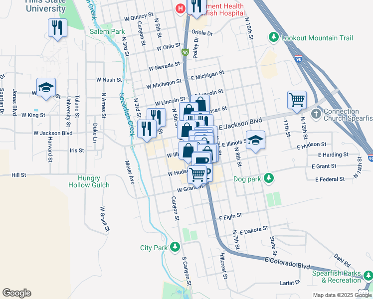 map of restaurants, bars, coffee shops, grocery stores, and more near 146 West Illinois Street in Spearfish