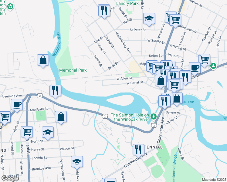 map of restaurants, bars, coffee shops, grocery stores, and more near 206 West Canal Street in Winooski