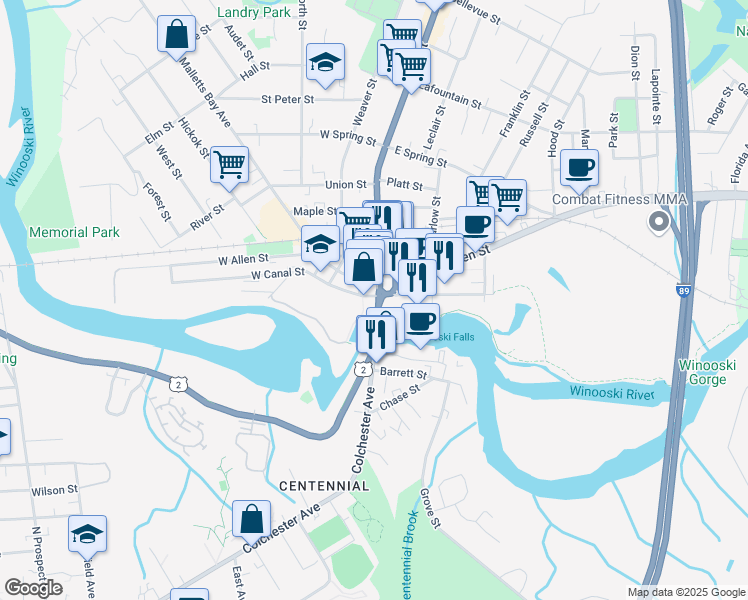 map of restaurants, bars, coffee shops, grocery stores, and more near 8 West Canal Street in Winooski