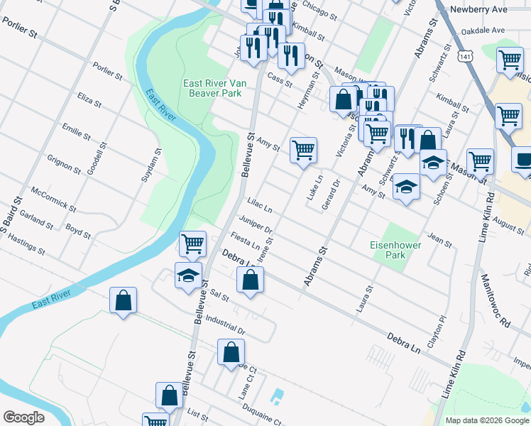 map of restaurants, bars, coffee shops, grocery stores, and more near 1646 Lilac Lane in Green Bay