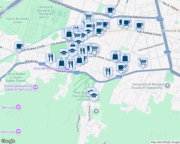 map of restaurants, bars, coffee shops, grocery stores, and more near 217 Via Saragozza in Bologna