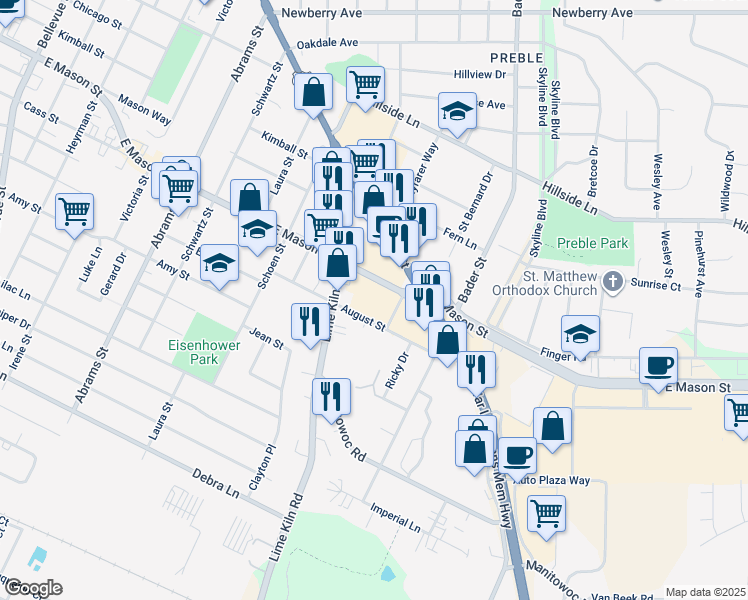 map of restaurants, bars, coffee shops, grocery stores, and more near 1988 East Mason Street in Green Bay